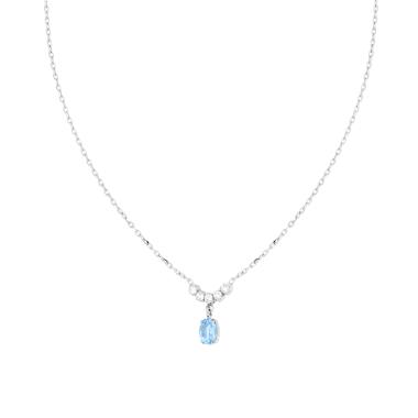 Collana Catena Forzatina Diamantata con Diadema Bianco e Pendente Ovale Acquamarina in ARGENTO 925 Galvanica Rodio