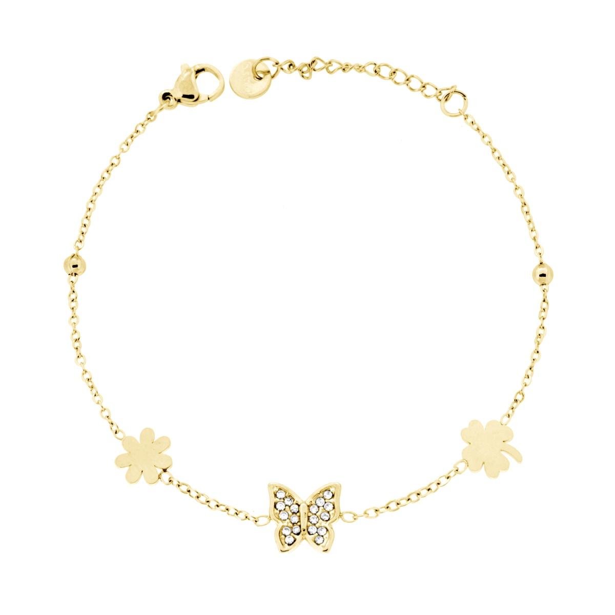 Bracciale Catena Forzatina Diamantata con Farfalla Quadrifoglio Fiore e Crystal Bianchi in ACCIAIO colore Oro