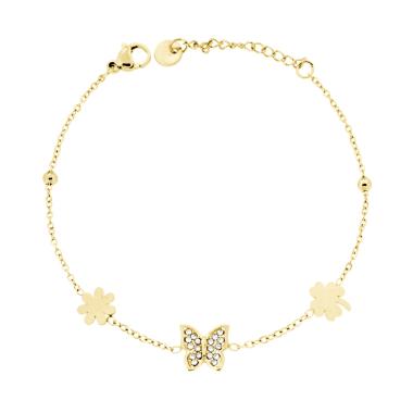 Bracciale Catena Forzatina Diamantata con Farfalla Quadrifoglio Fiore e Crystal Bianchi in ACCIAIO colore Oro