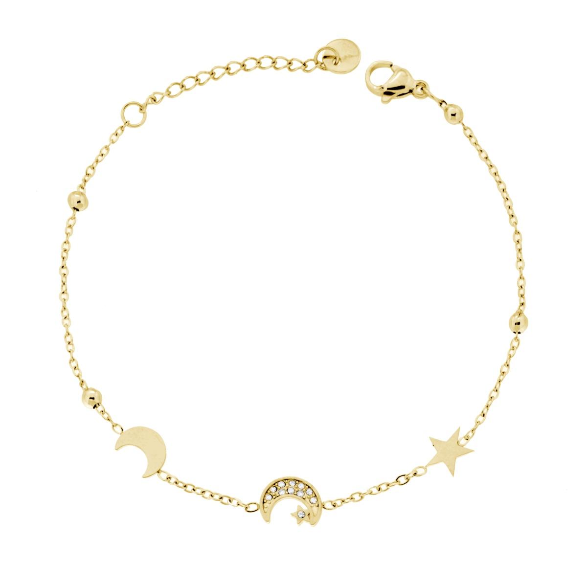 Bracciale Catena Forzatina Diamantata con Luna e Stelle e Crystal Bianchi in ACCIAIO colore Oro