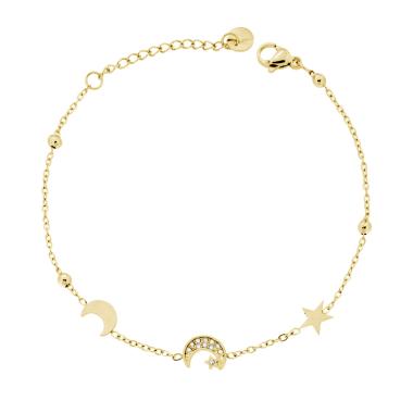 Bracciale Catena Forzatina Diamantata con Luna e Stelle e Crystal Bianchi in ACCIAIO colore Oro
