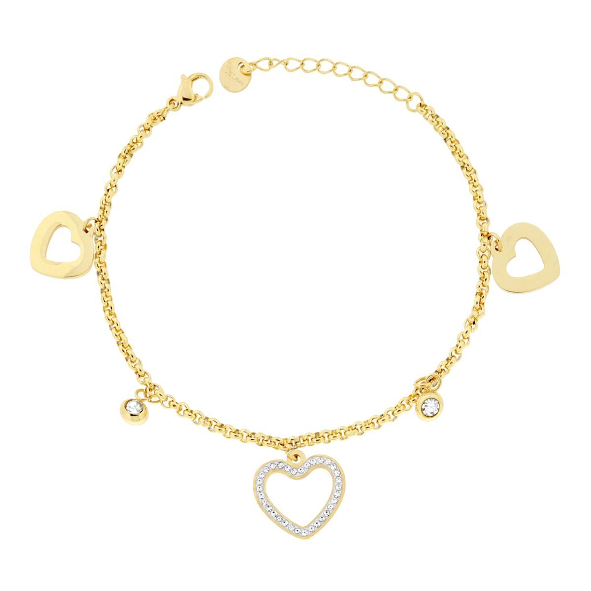 Bracciale Catena Rolo con Cuori e Crystal Bianchi in ACCIAIO