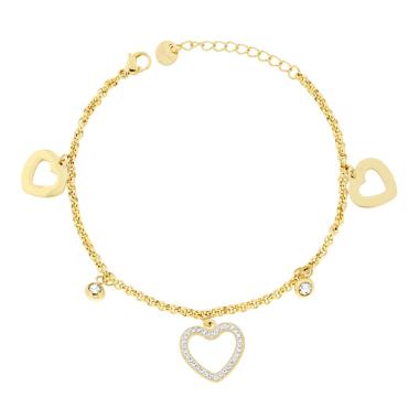Bracciale Catena Rolo con Cuori e Crystal Bianchi in ACCIAIO