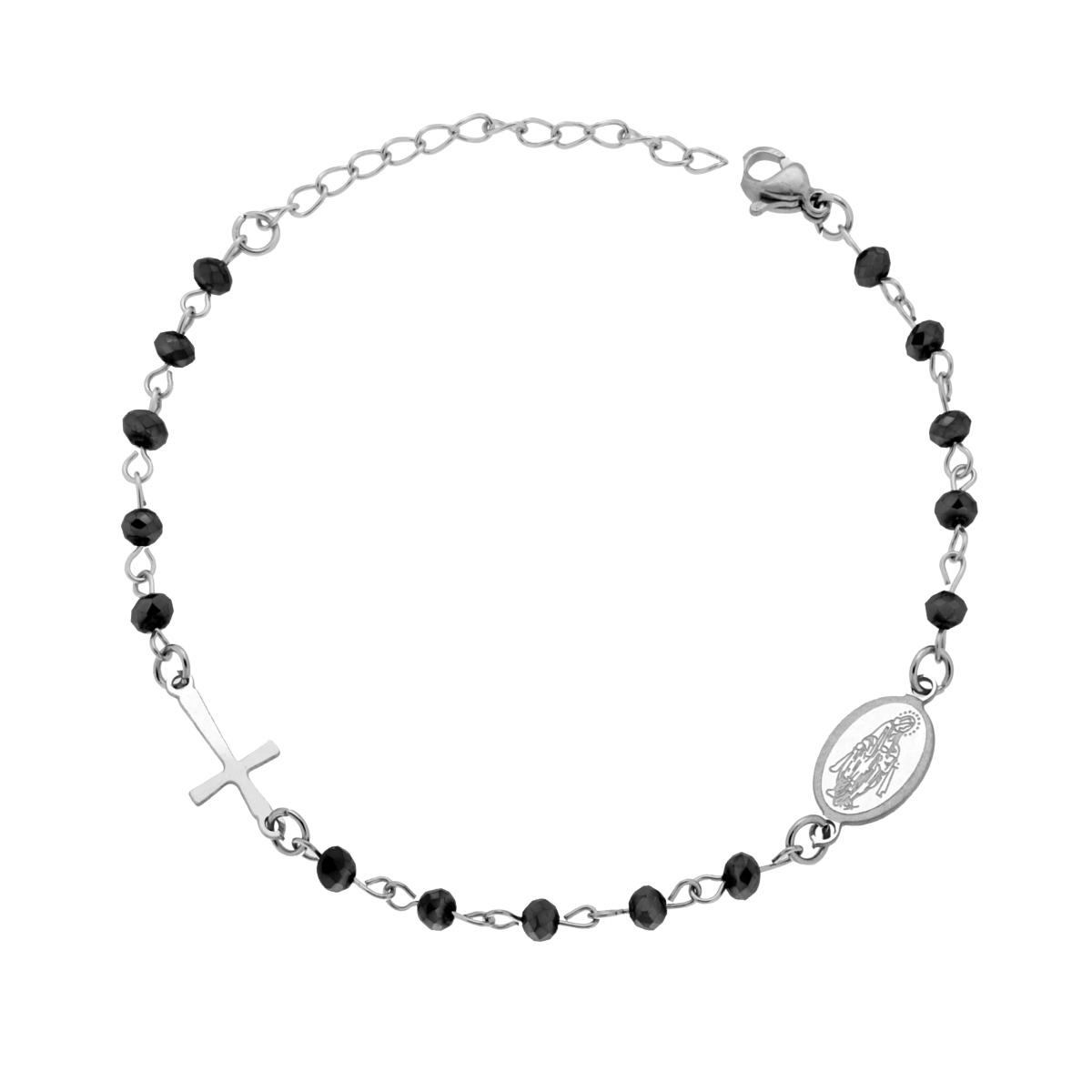 Bracciale Rosario cm 17+5 con Grani in Crystal colore Nero mm 3.5 con Croce e Medaglia Madonna in ACCIAIO
