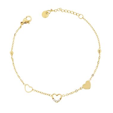 Bracciale Catena Forzatina Diamantata con Cuori e Crystal Bianchi in ACCIAIO colore Oro