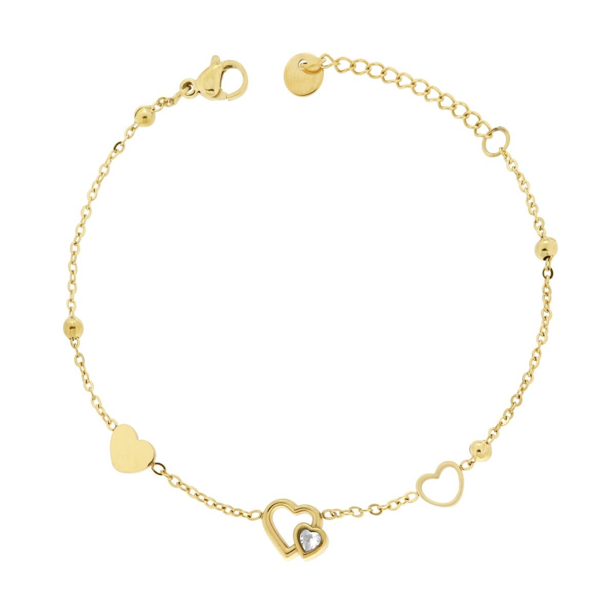 Bracciale Catena Forzatina Diamantata con Cuori e Crystal Bianco in ACCIAIO colore Oro
