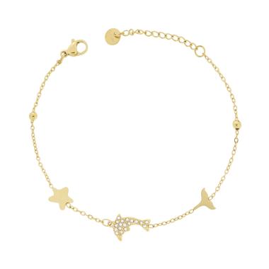 Bracciale Catena Forzatina Diamantata con Delfino e Crystal Bianco in ACCIAIO colore Oro
