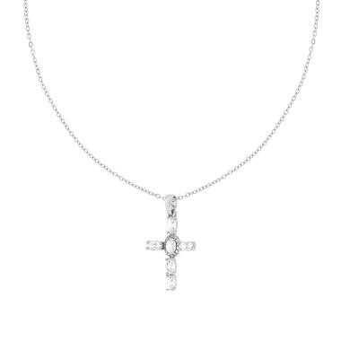 Collana Catena Forzatina Diamantata con Croce e Crystal Bianchi Ovali in ACCIAIO