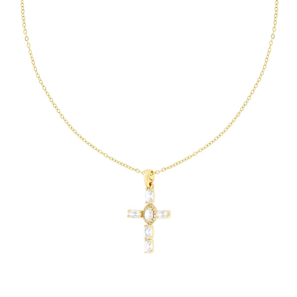 Collana Catena Forzatina Diamantata con Croce e Crystal Bianchi Ovali in ACCIAIO colore Oro