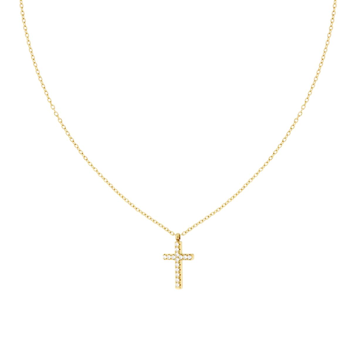 Collana Catena Forzatina Diamantata con Croce e Crystal Bianchi in ACCIAIO colore Oro