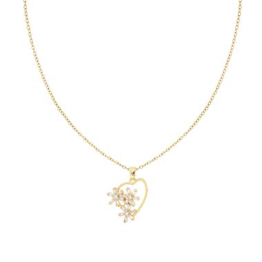 Collana Catena Forzatina Diamantata con Cuore e Fiori con Crystal Bianchi in ACCIAIO colore Oro