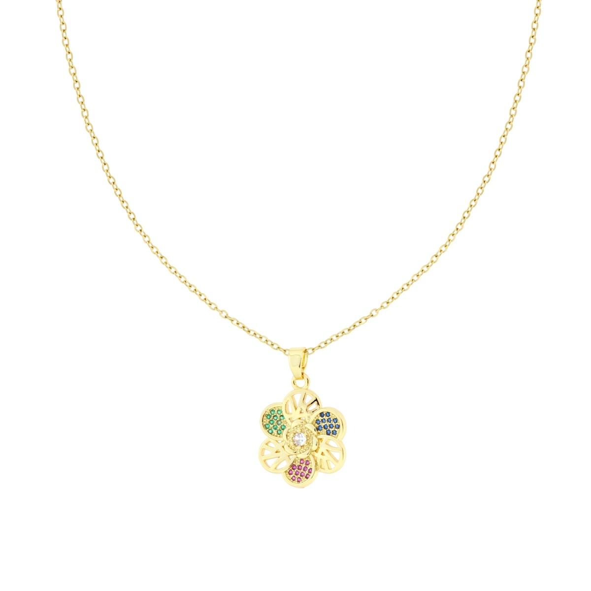 Collana Catena Forzatina Diamantata con Fiore e Crystal Multicolor in ACCIAIO colore Oro