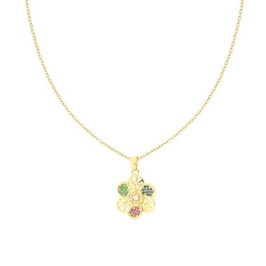 Collana Catena Forzatina Diamantata con Fiore e Crystal Multicolor in ACCIAIO colore Oro