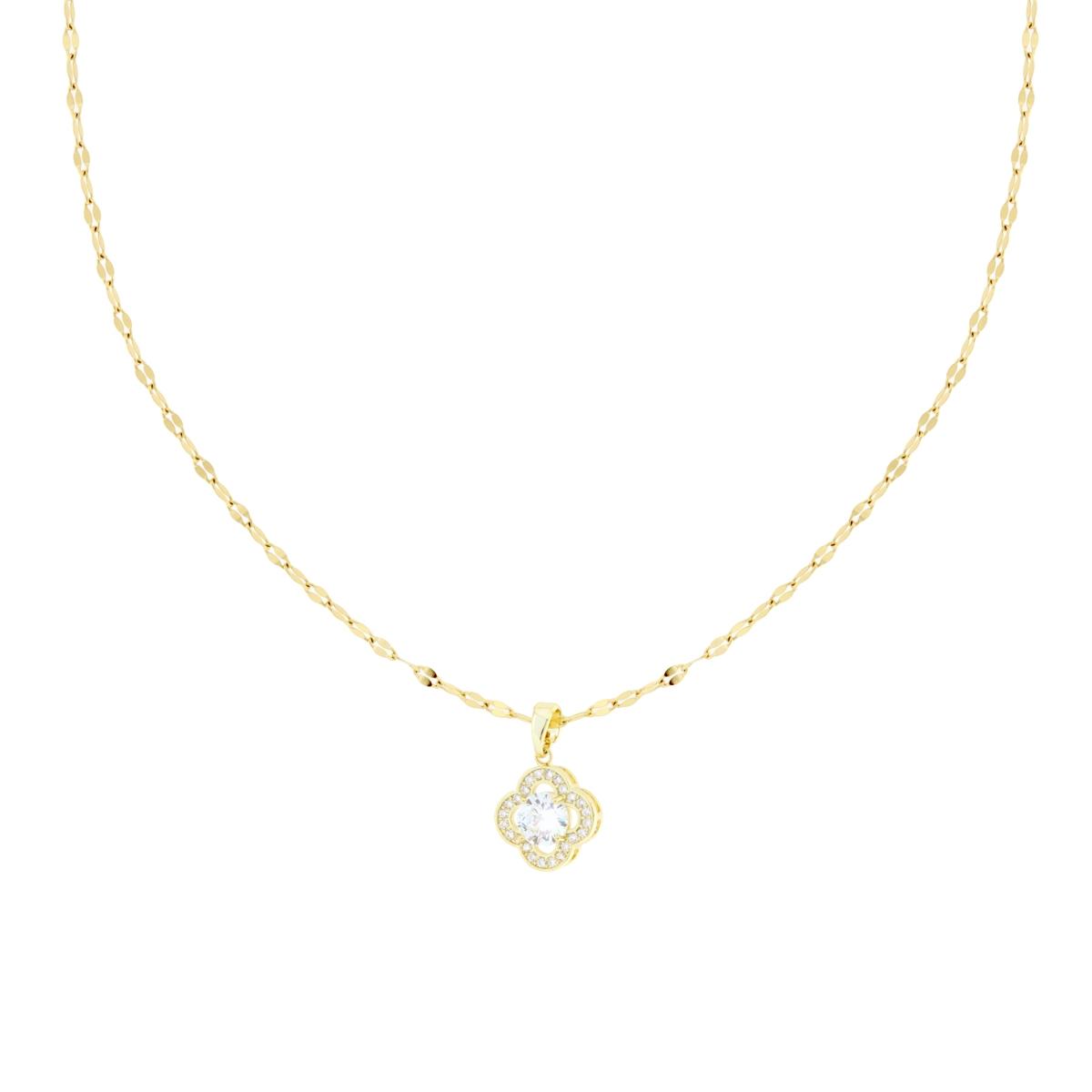 Collana Catena Forzatina Diamantata a Specchio con Quadrifoglio e Punto Luce Crystal Bianchi in ACCIAIO colore Oro