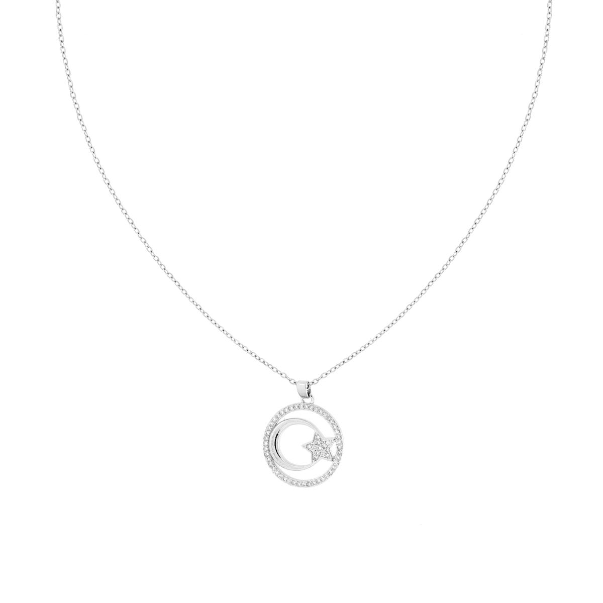 Collana Catena Forzatina Diamantata con Cerchio Luna e Stella Crystal Bianchi in ACCIAIO