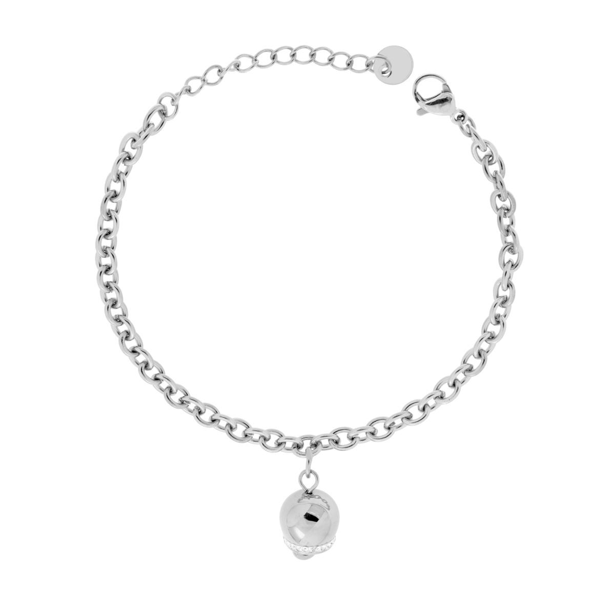 Bracciale Catena Forzatina con Campanella e Crystal Bianchi in ACCIAIO