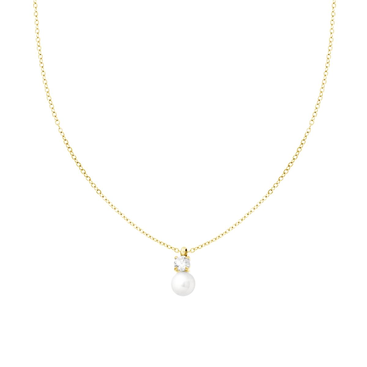 Collana Catena Forzatina Diamantata con Perla e Punto Luce Crystal Bianco in ACCIAIO colore Oro