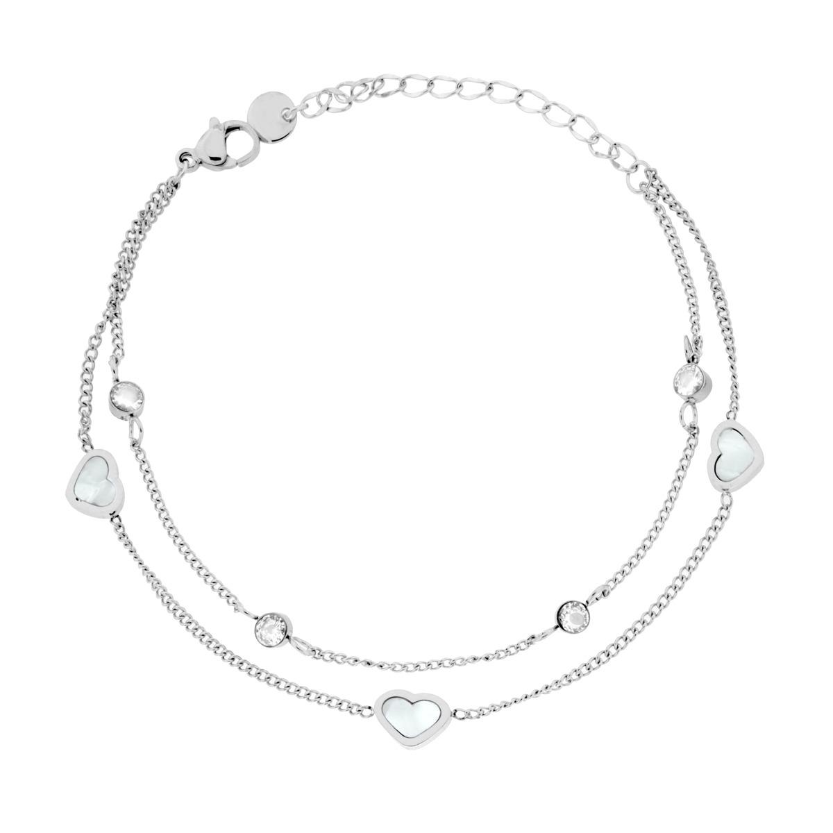 Bracciale due fili Catena Grumetta con Cuori Madreperla e Crystal Bianchi in ACCIAIO
