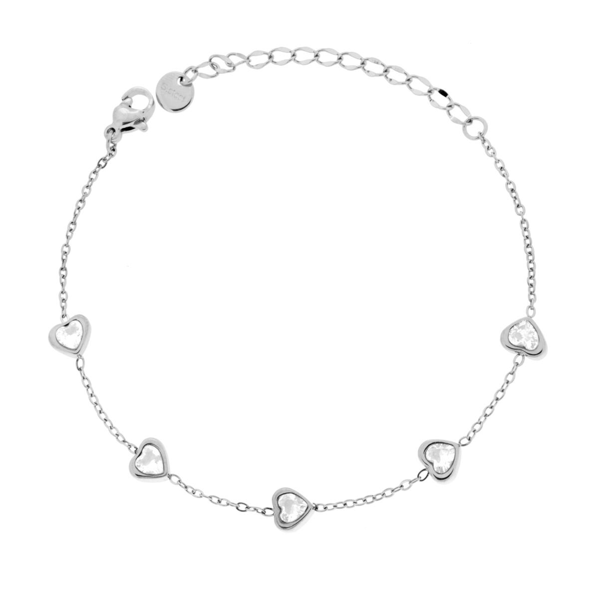 Bracciale Catena Forzatina Diamantata con Cuori e Crystal Bianchi in ACCIAIO