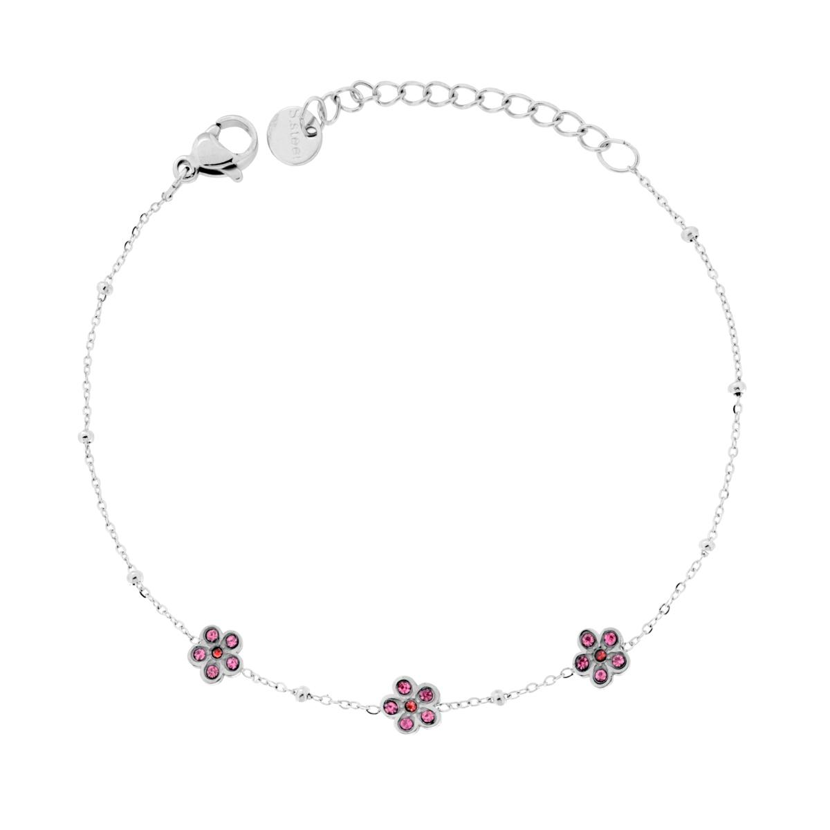 Bracciale Catena Forzatina Diamantata con Fiori e Crystal Rosa in ACCIAIO