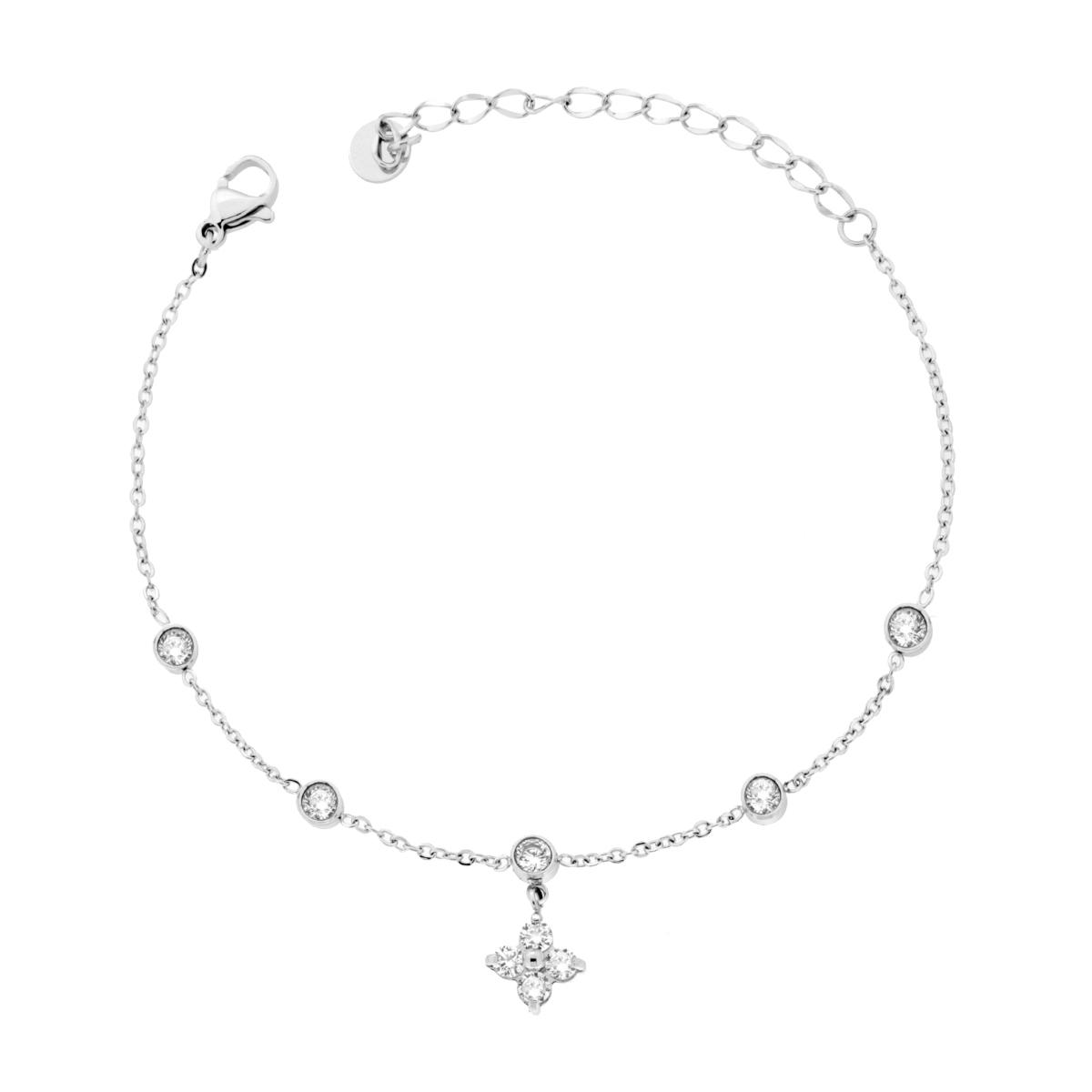 Bracciale Catena Forzatina Diamantata con Quadrifoglio e Crystal Bianchi in ACCIAIO