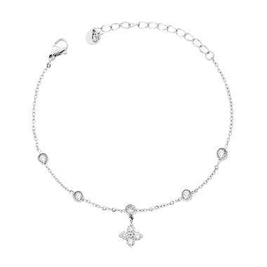 Bracciale Catena Forzatina Diamantata con Quadrifoglio e Crystal Bianchi in ACCIAIO