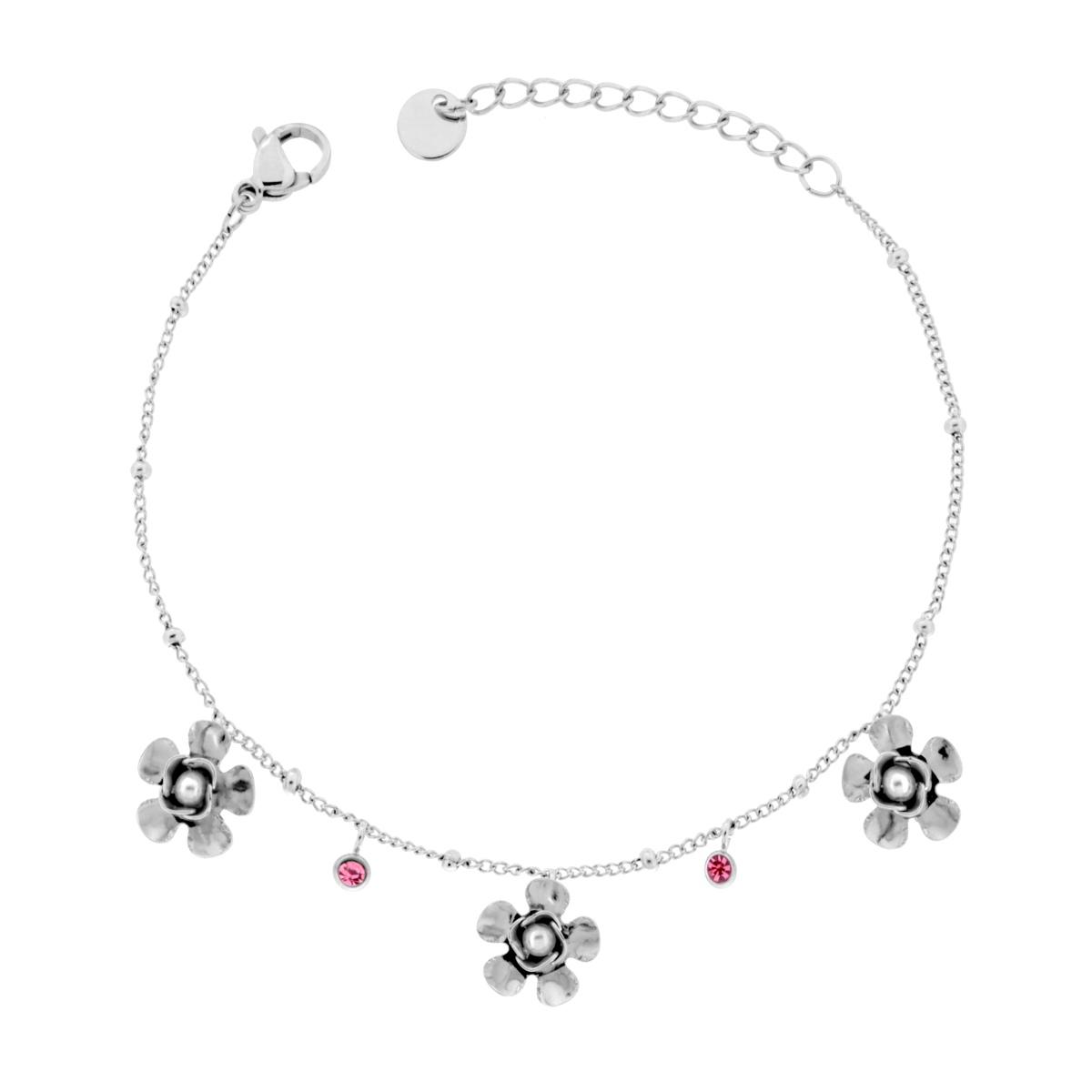 Bracciale Catena Grumetta con Fiori con Perle e Crystal Rosa in ACCIAIO