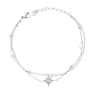 Bracciale due fili Catena Forzatina Diamantata con Rosa dei Venti Crystal Bianco e Perle in ACCIAIO