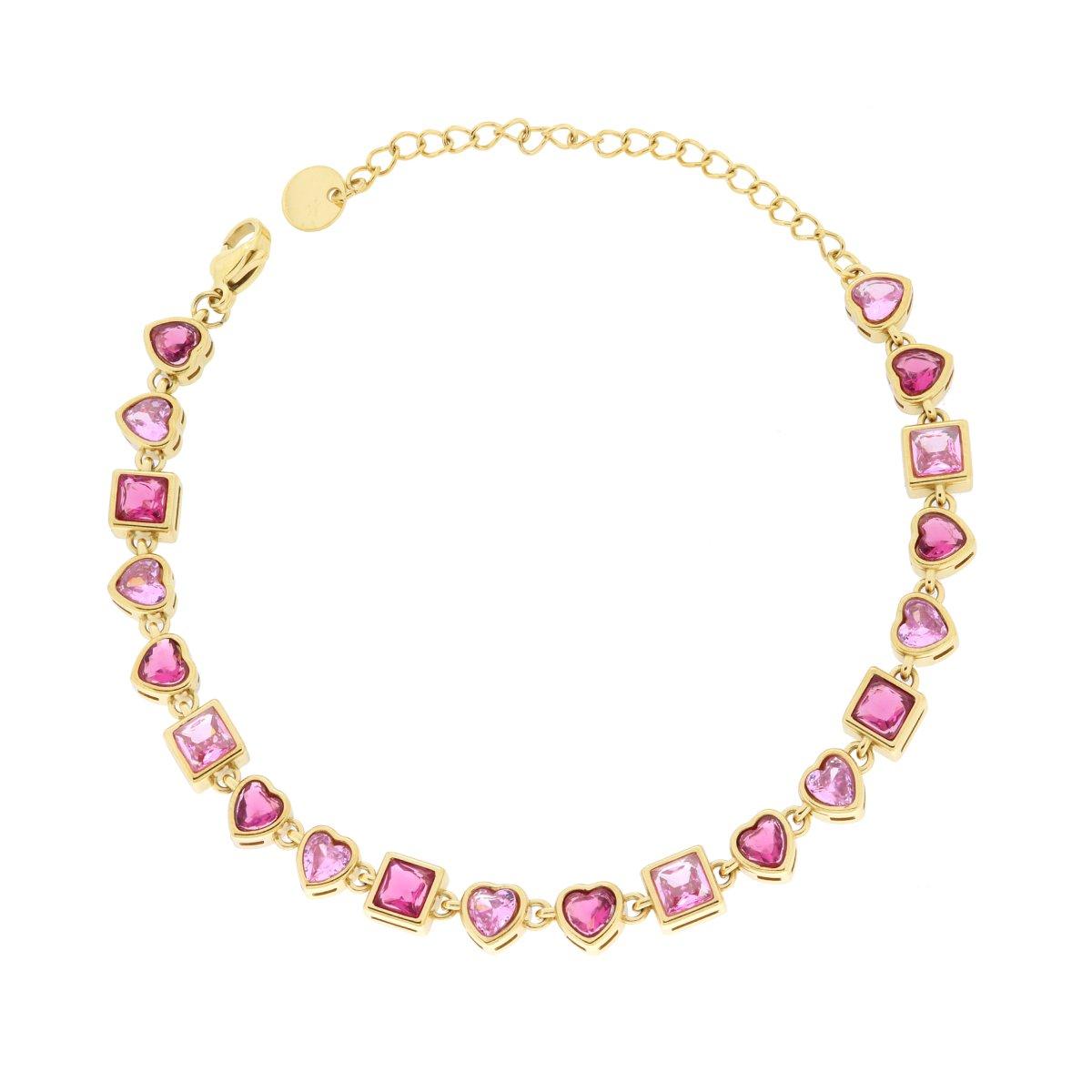 Bracciale Cuori e Quadrati alternatiCrystal Rosa e Fucsia in ACCIAIO colore Oro