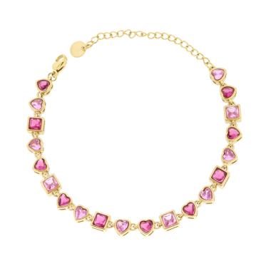 Bracciale Cuori e Quadrati alternatiCrystal Rosa e Fucsia in ACCIAIO colore Oro