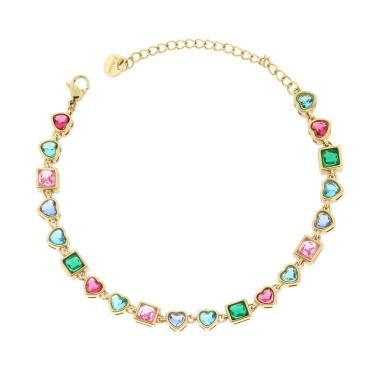 Bracciale Cuori e Quadrati alternati Crystal Multicolor in ACCIAIO colore Oro