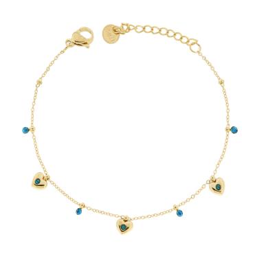 Bracciale Catena Forzatina Diamantata con Cuori e Crystal Azzurro in ACCIAIO colore Oro