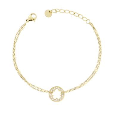Bracciale due fili Catena Forzatina Diamantata con Tondo con Fiore e Crystal Bianchi in ACCIAIO colore Oro