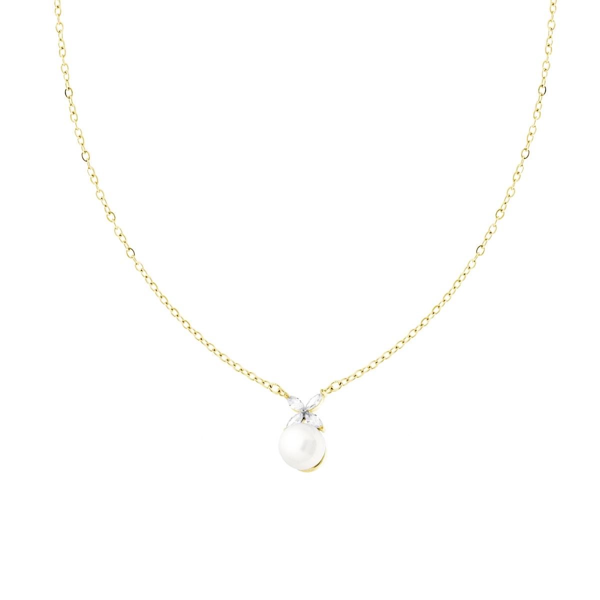 Collana Catena Forzatina Diamantata con Perla e Fiore con Crystal Bianchi in ACCIAIO colore Oro