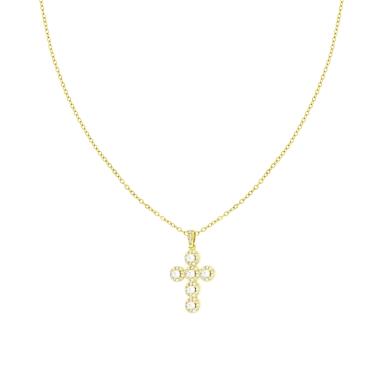 Collana Catena Forzatina Diamantata e Croce con Crystal Bianchi in ACCIAIO e OTTONE colore Oro<br />