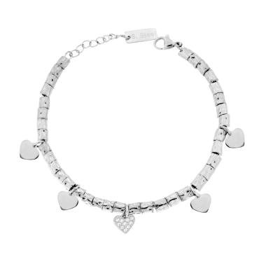 Bracciale Catena con Cilindri Martellati e Cuori con Crystal Bianchi in ACCIAIO