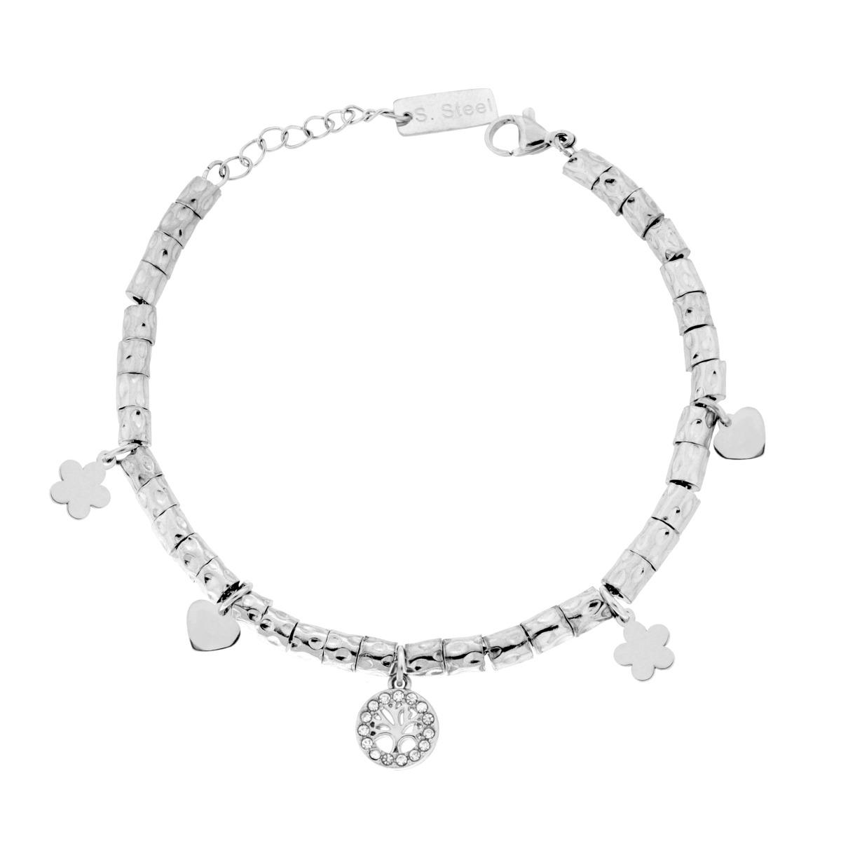 Bracciale Catena con Cilindri Martellati e Cuori Fiori e Albero della Vita con Crystal Bianchi in ACCIAIO