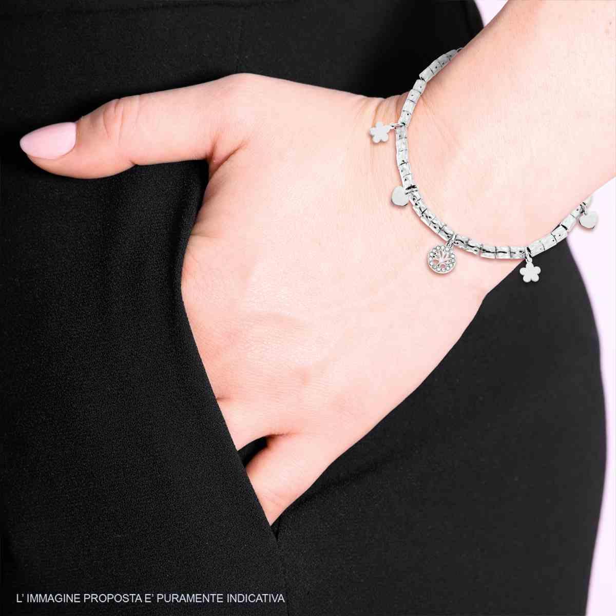 Bracciale Catena con Cilindri Martellati e Cuori Fiori e Albero della Vita con Crystal Bianchi in ACCIAIO