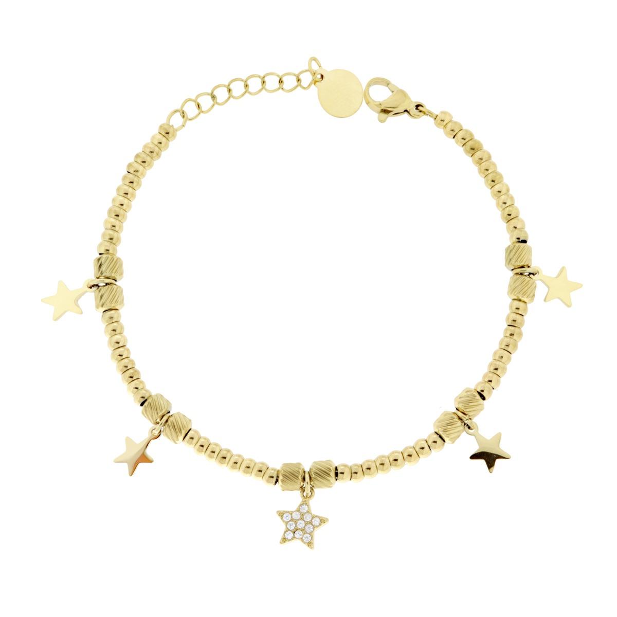 Bracciale Catena Palline Cilindretti Diamantati con Stelle plain e con Crystal Bianchi pendenti in ACCIAIO colore Oro