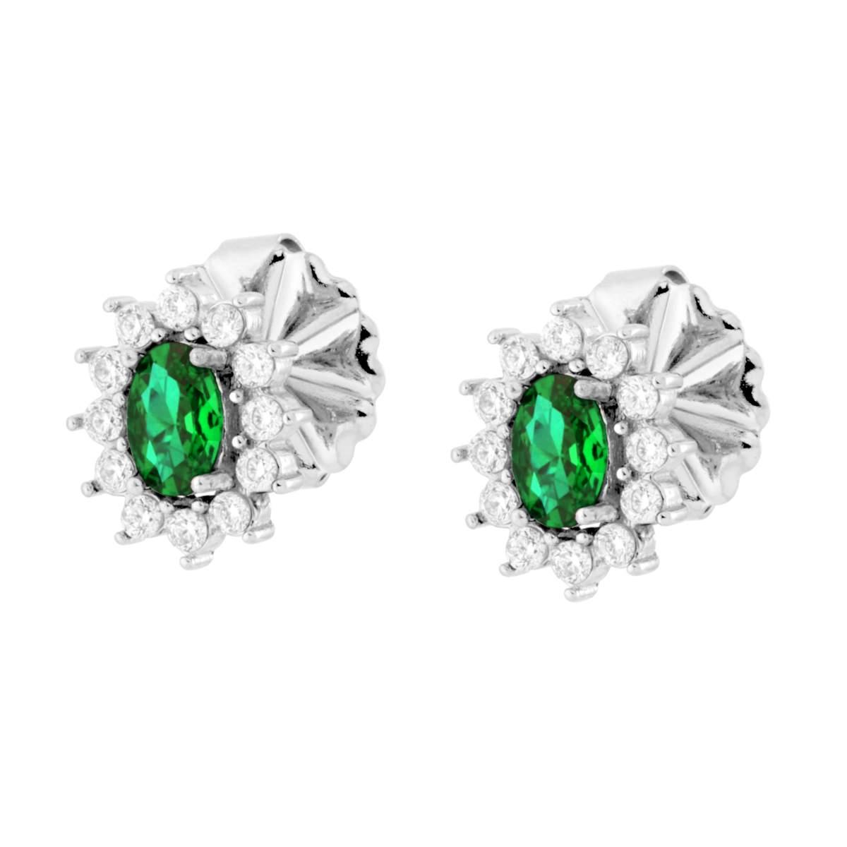 Orecchini con Crystal Ovale Verde Smeraldo contornato da Crystal Bianchi in ACCIAIO