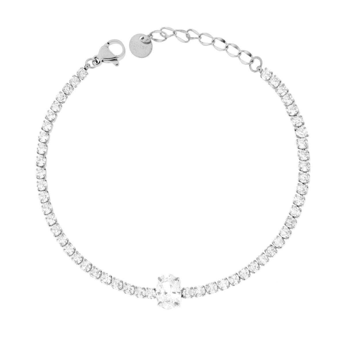 Bracciale Tennis Griffe con Ovale centrale e Crystal Bianchi in ACCIAIO