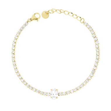 Bracciale Tennis Griffe con Ovale centrale e Crystal Bianchi in ACCIAIO colore Oro