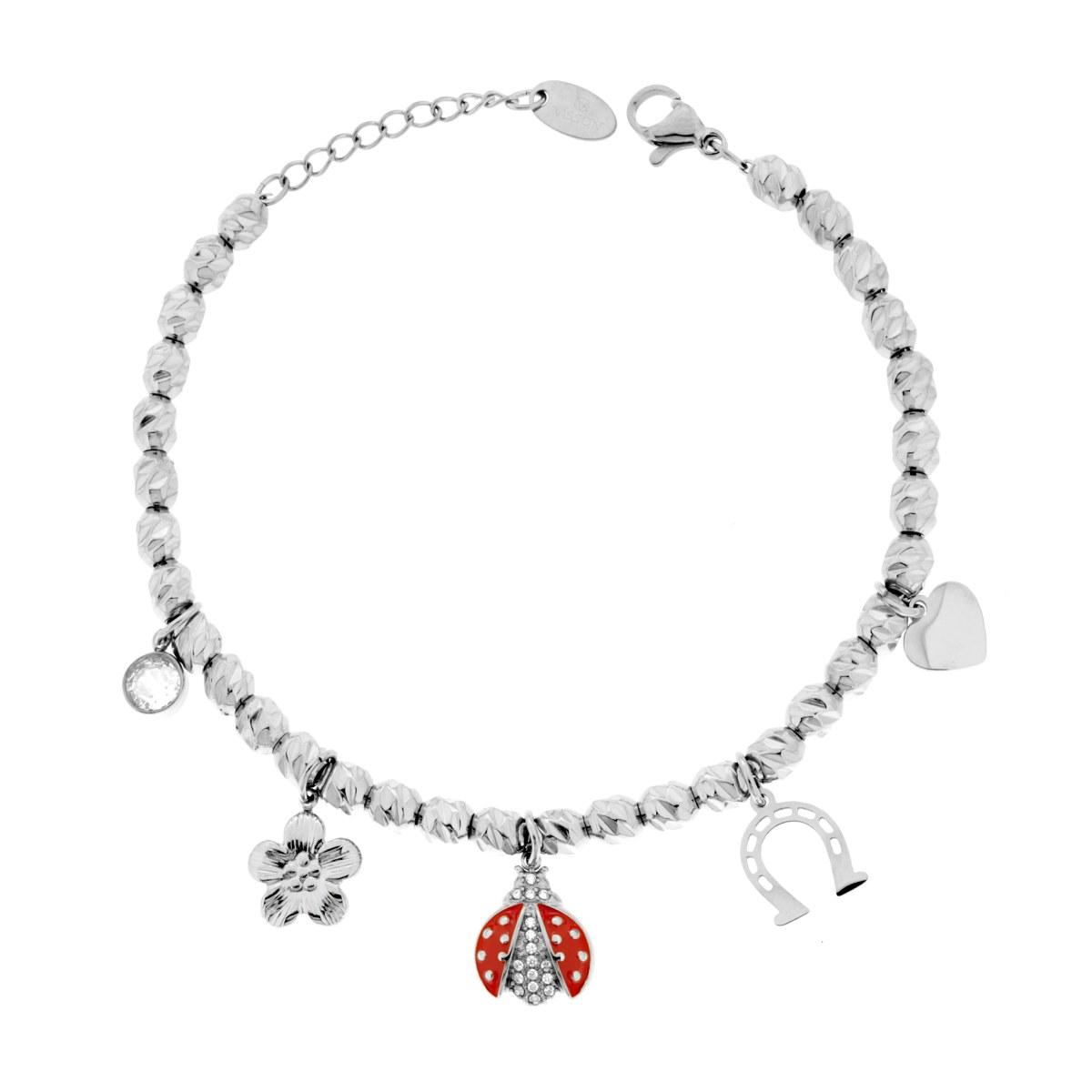 Bracciale Catena Ovali Diamantati con Coccinella smalto Rosso Quadrifogli Cuore Charms Portafortuna e Crystal Bianchi in ACCIAIO
