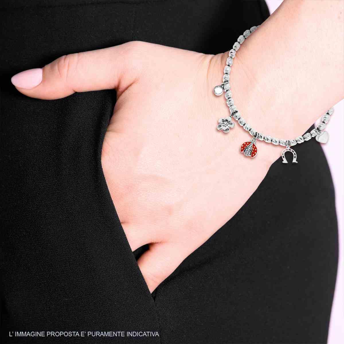 Bracciale Catena Ovali Diamantati con Coccinella smalto Rosso Quadrifogli Cuore Charms Portafortuna e Crystal Bianchi in ACCIAIO