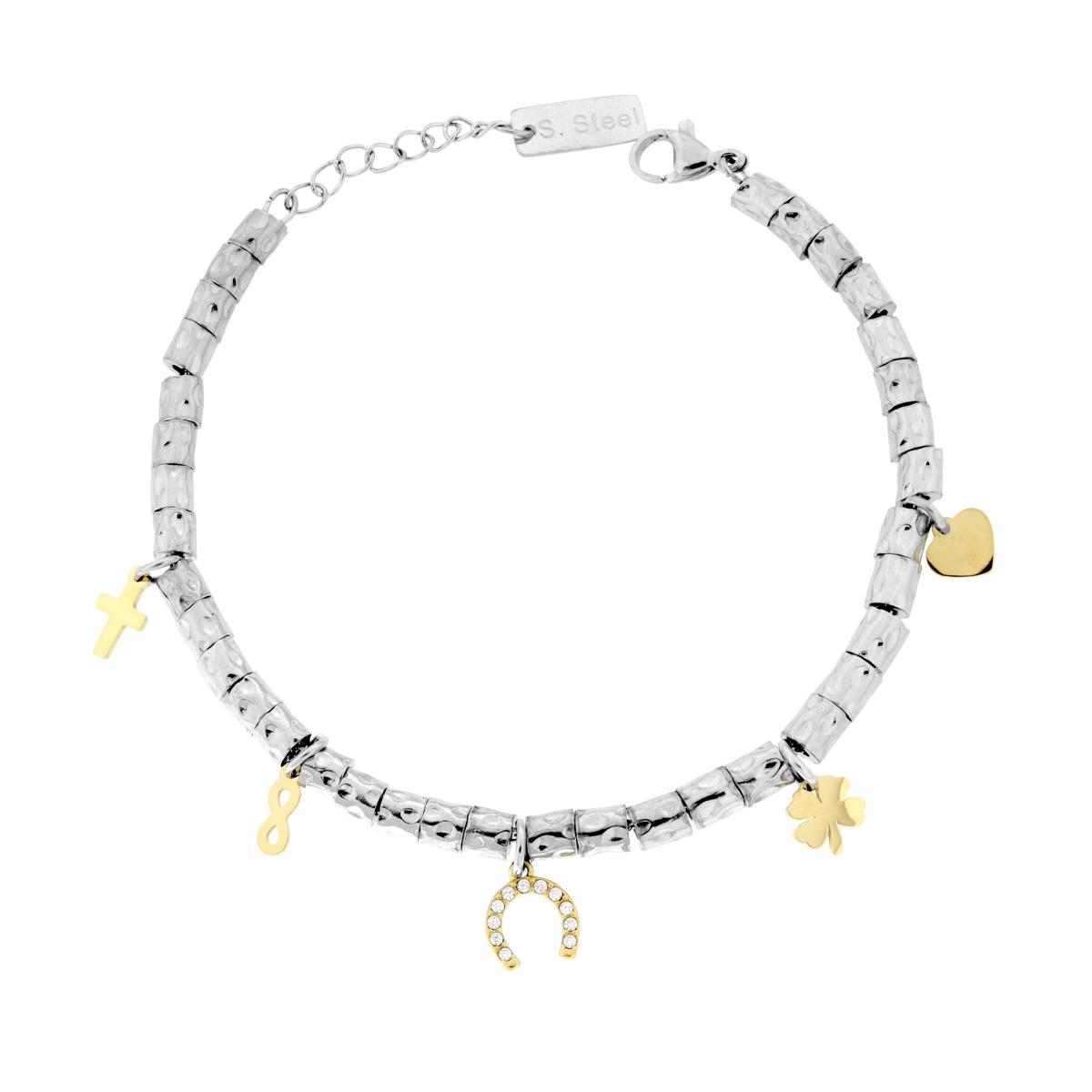 Bracciale Catena Cilindretti Martellati con Ferro di Cavallo Charms colore Oro Portafortuna e Crystal Bianchi pendenti in ACCIAIO