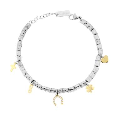 Bracciale Catena Cilindretti Martellati con Ferro di Cavallo Charms colore Oro Portafortuna e Crystal Bianchi pendenti in ACCIAIO