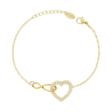 Bracciale Catena Forzatina Diamantata con Cuore e Infinito incrociati e Crystal Bianchi in ACCIAIO colore Oro
