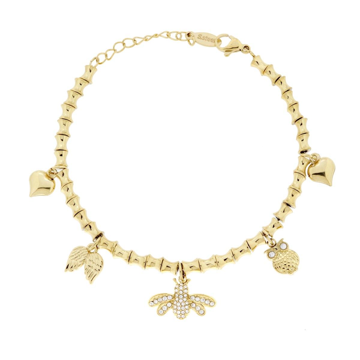 Bracciale Catena Cilindretti con Ape Charms Animali e Crystal Bianchi in ACCIAIO colore Oro