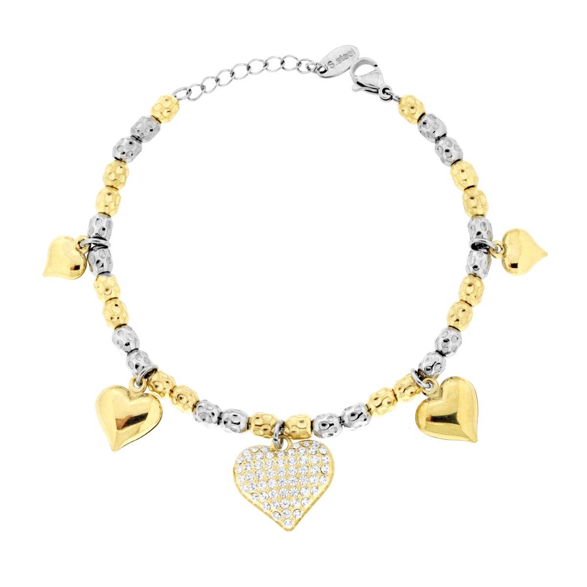 Bracciale Catena Ovali Martellati colore Oro con Cuore con Crystal Bianchi e Cuori bombati in ACCIAIO
