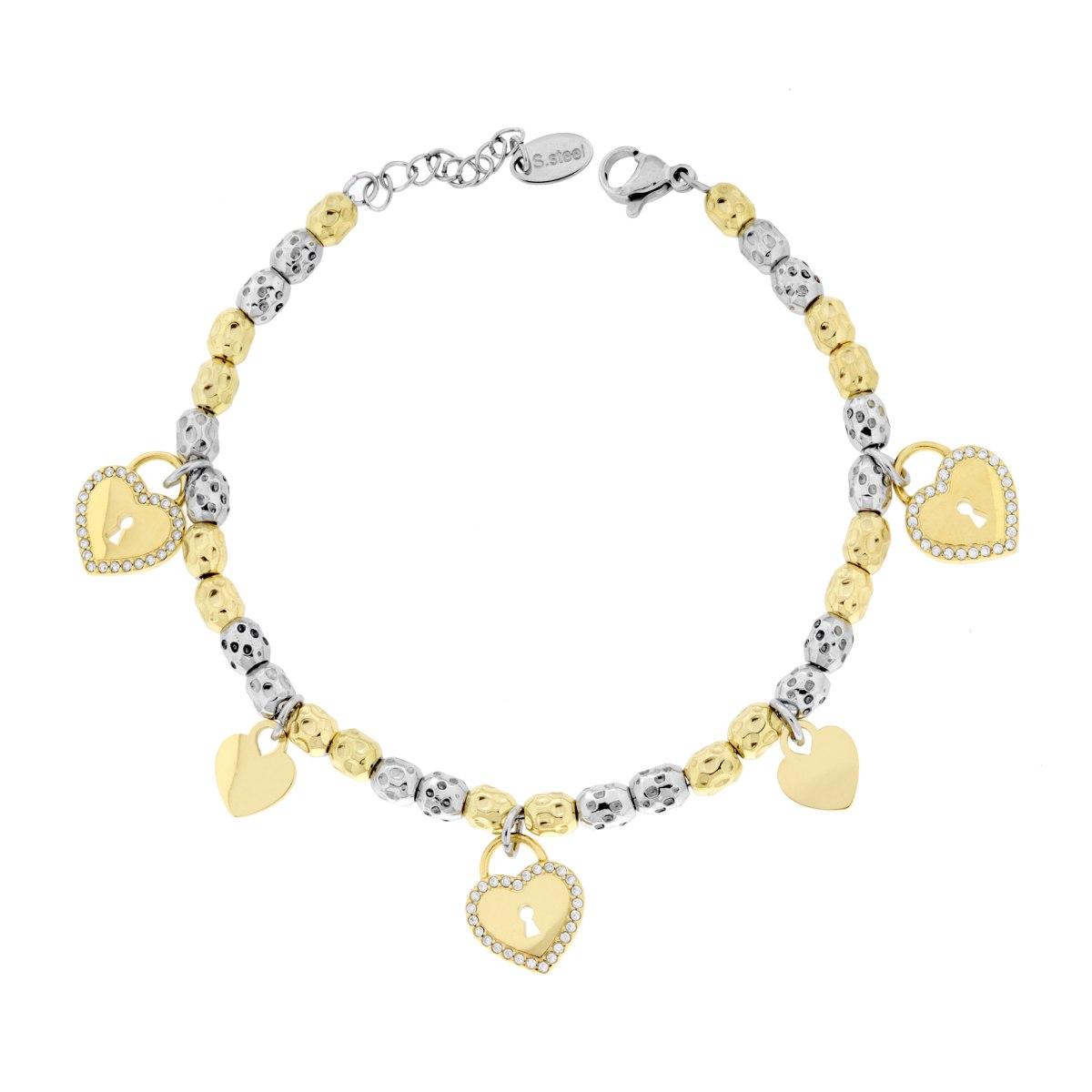 Bracciale Catena Ovali Martellati colore Oro con Cuori Lucchetto con Crystal Bianchi in ACCIAIO